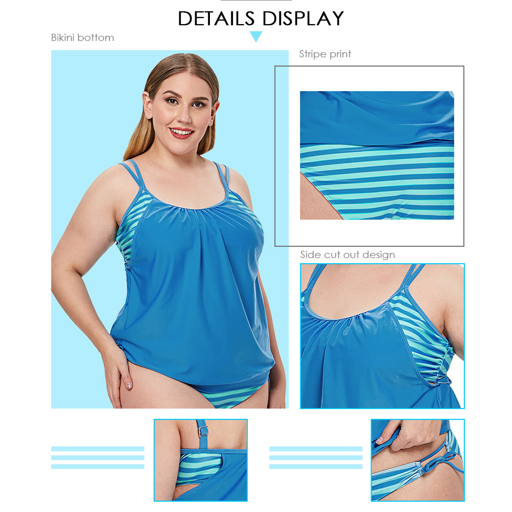 Plus Size Striped Panel Side Cut Out Tankini Set