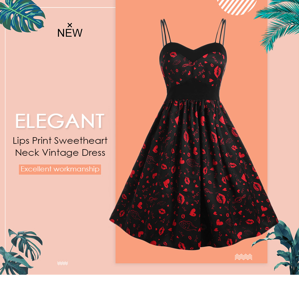 Lips Print Sweetheart Neck Vintage Dress