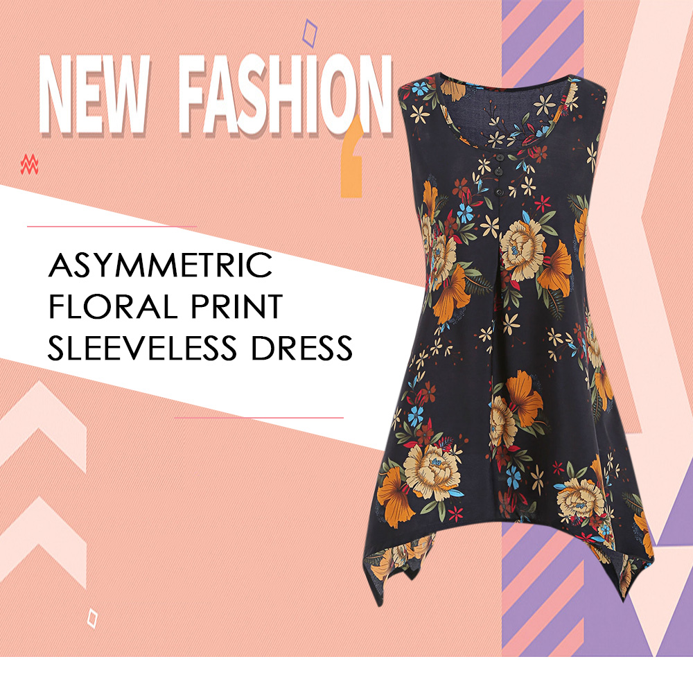 Asymmetric Floral Print Sleeveless Dress