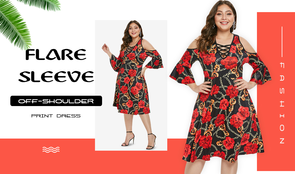 Plus Size Flare Sleeve Cold Shoulder Printed Dress