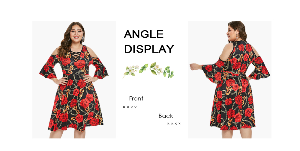 Plus Size Flare Sleeve Cold Shoulder Printed Dress