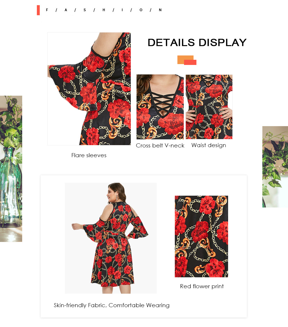 Plus Size Flare Sleeve Cold Shoulder Printed Dress