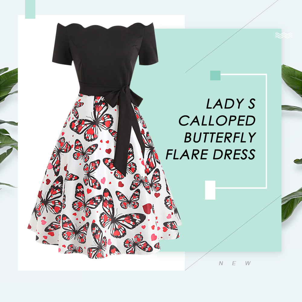 Vintage Scalloped Butterfly Print Dress