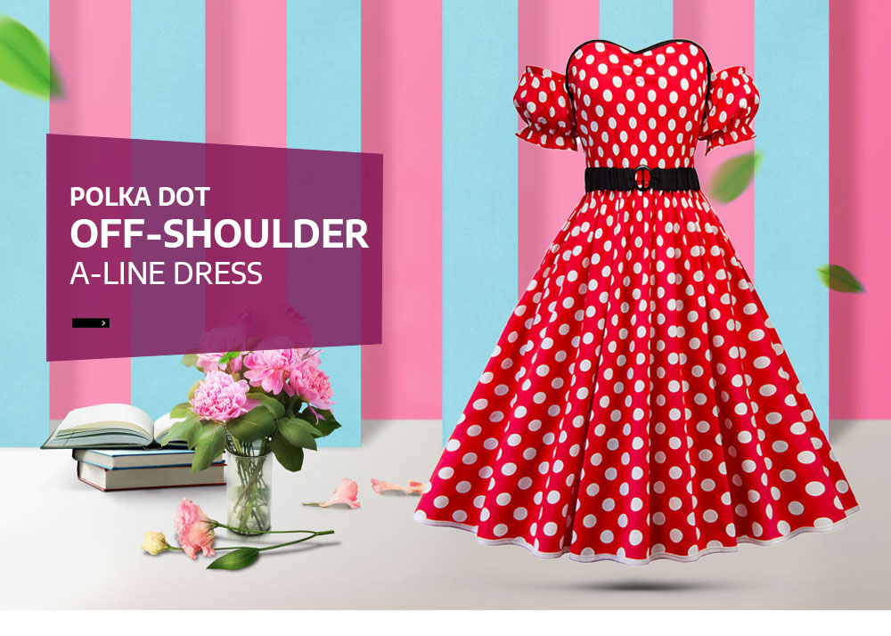 Plus Size Polka Dot Off The Shoulder A Line Dress
