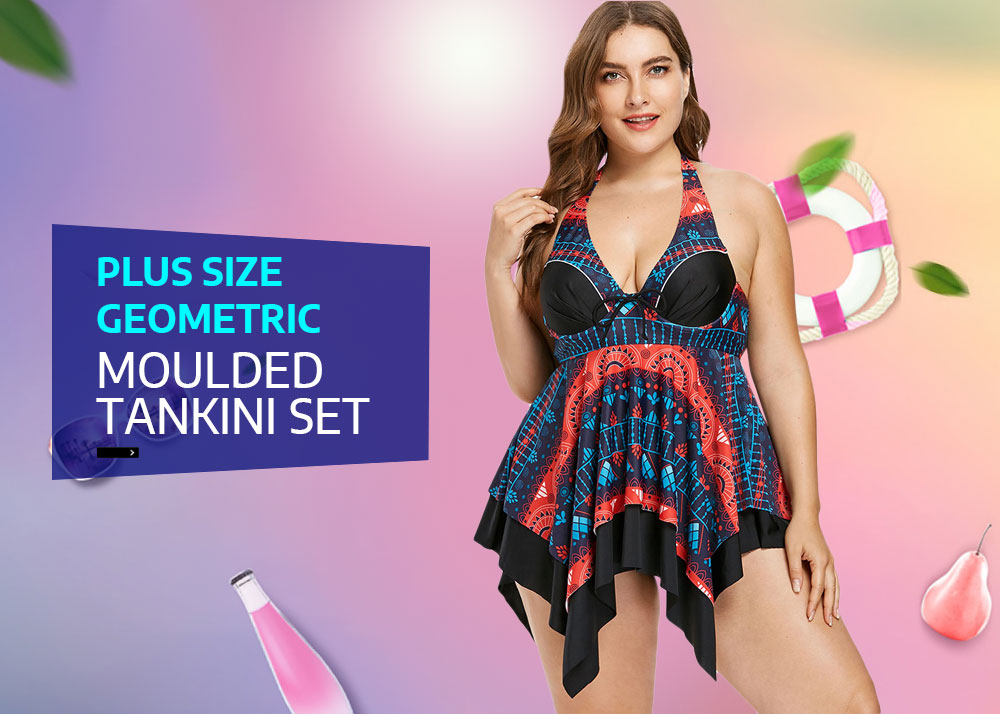 Plus Size Geometric Moulded Tankini Set