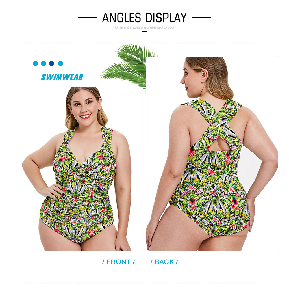 Plus Size Twist Front Leaf Print Swimwear