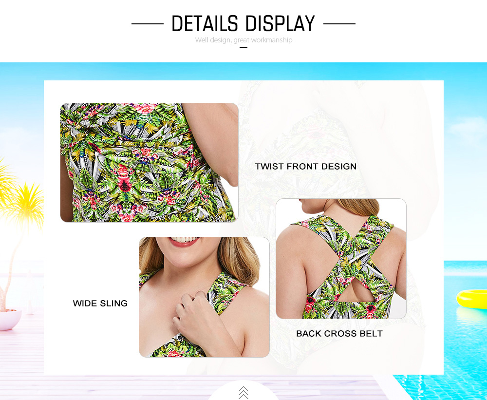 Plus Size Twist Front Leaf Print Swimwear