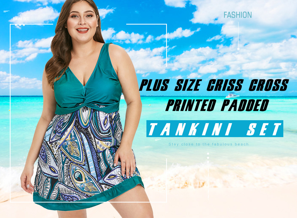 Criss Cross Plus Size Printed Tankini Set