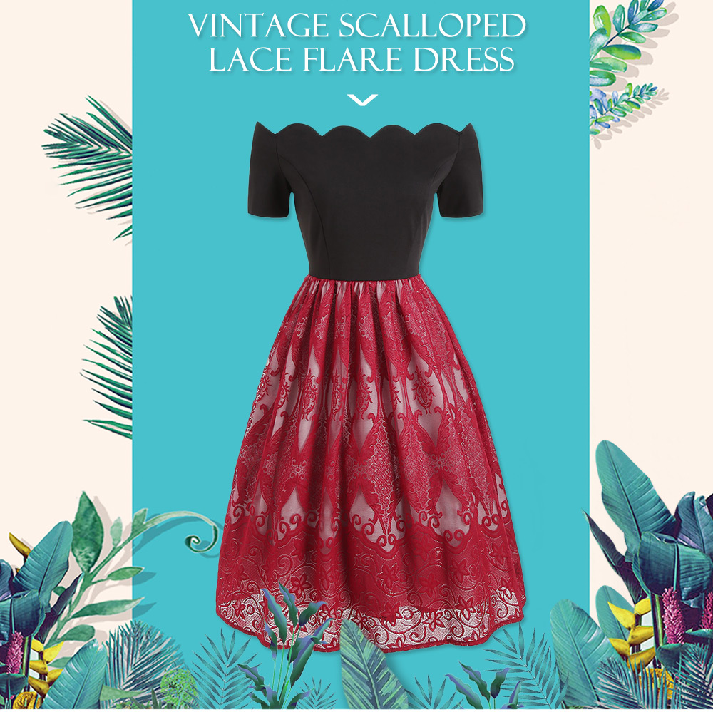 Scalloped Lace Insert Short Sleeve Vintage Dress