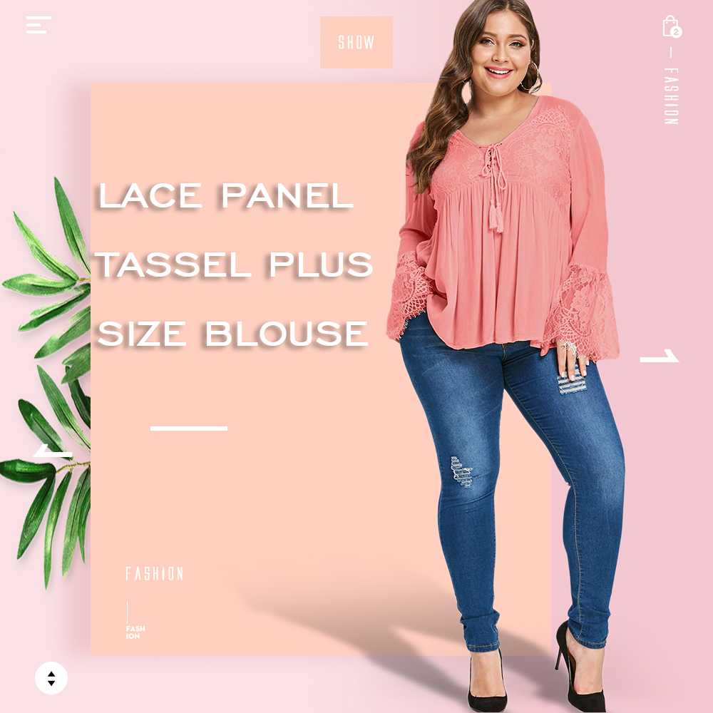 Lace Panel Tassels Plus Size Blouse