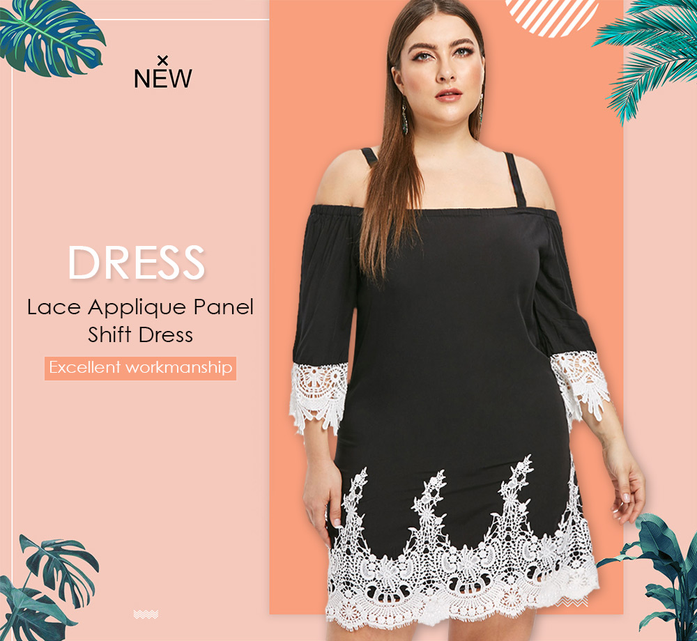Plus Size Cold Shoulder Lace Applique Panel Shift Dress