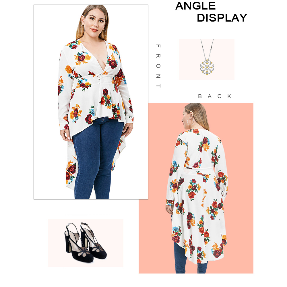 Plus Size Plunging Neckline High Low Floral Blouse