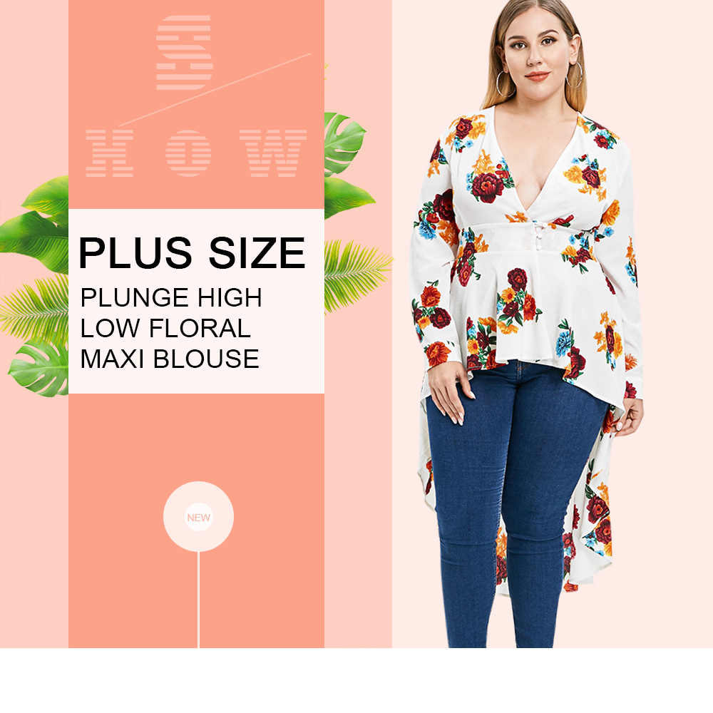 Plus Size Plunging Neckline High Low Floral Blouse