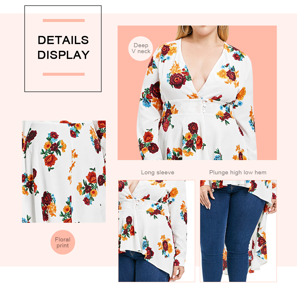 Plus Size Plunging Neckline High Low Floral Blouse