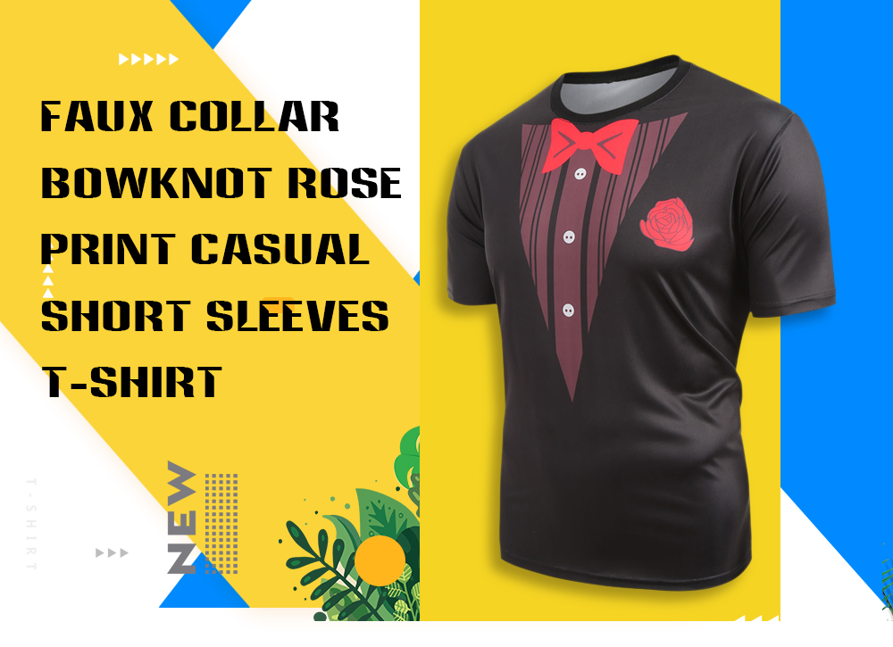 Faux Collar Bowknot Rose Print Casual Short Sleeves T-shirt