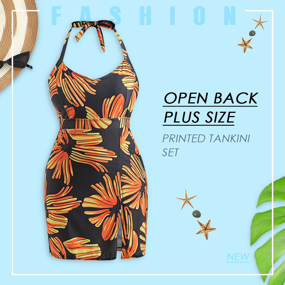 Halter Neck Plus Size Printed Tankini Set