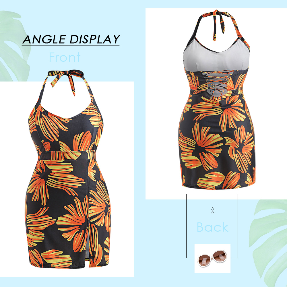 Halter Neck Plus Size Printed Tankini Set