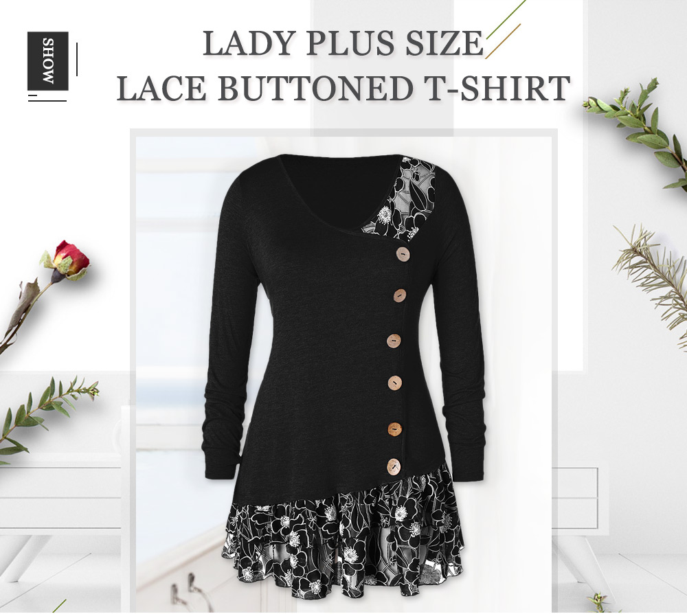 Plus Size Lace Trim Flounced Buttons T-shirt