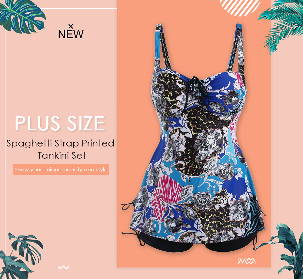 Spaghetti Strap Printed Plus Size Tankini Set