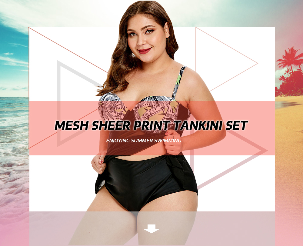Plus Size Mesh Sheer Print Tankini Set