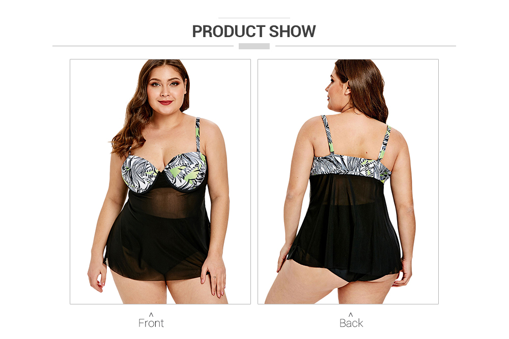 Plus Size Mesh Sheer Print Tankini Set