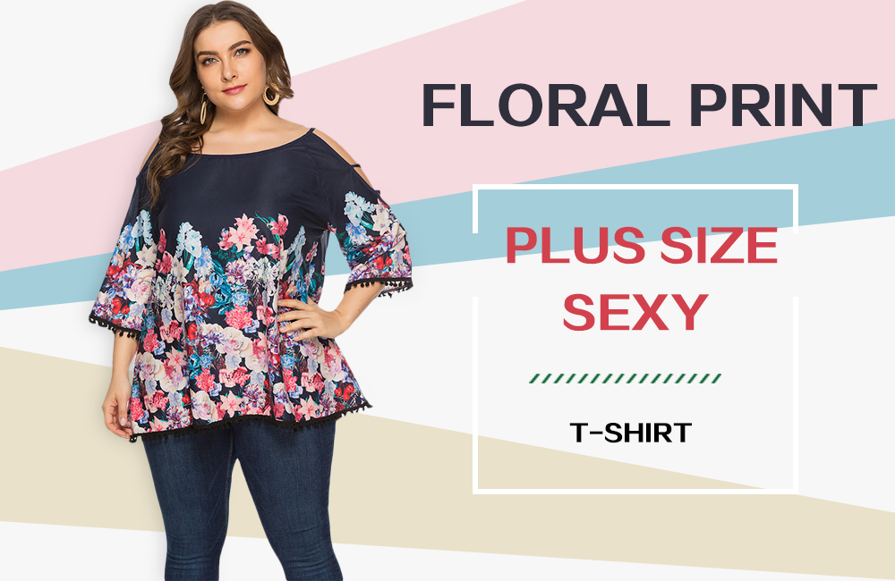 SOVALRO Plus Size Sling Print Off Shoulder Sexy Cropped Sleeve T-Shirt Top