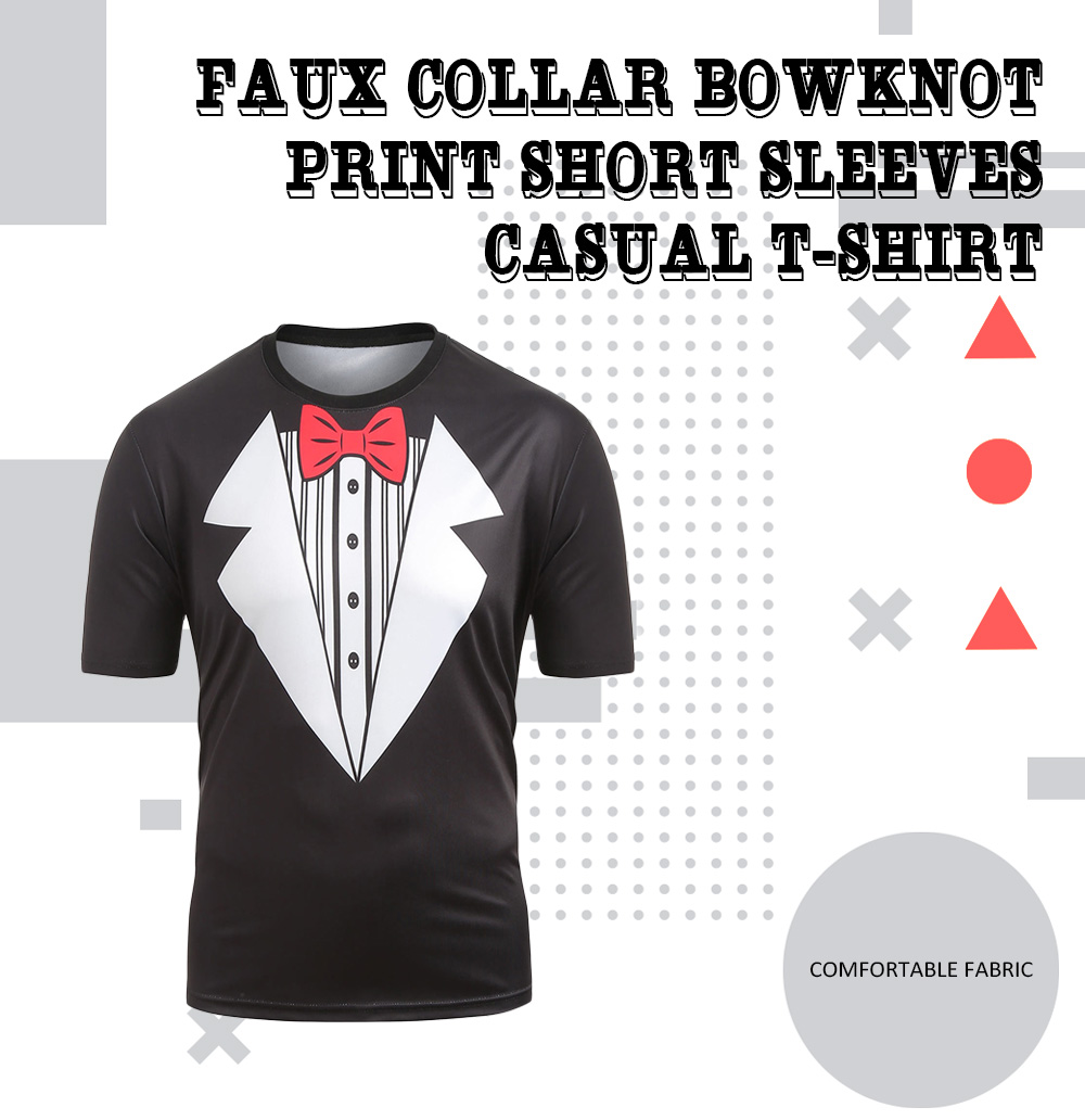 Faux Collar Bowknot Print Short Sleeves Casual T-shirt