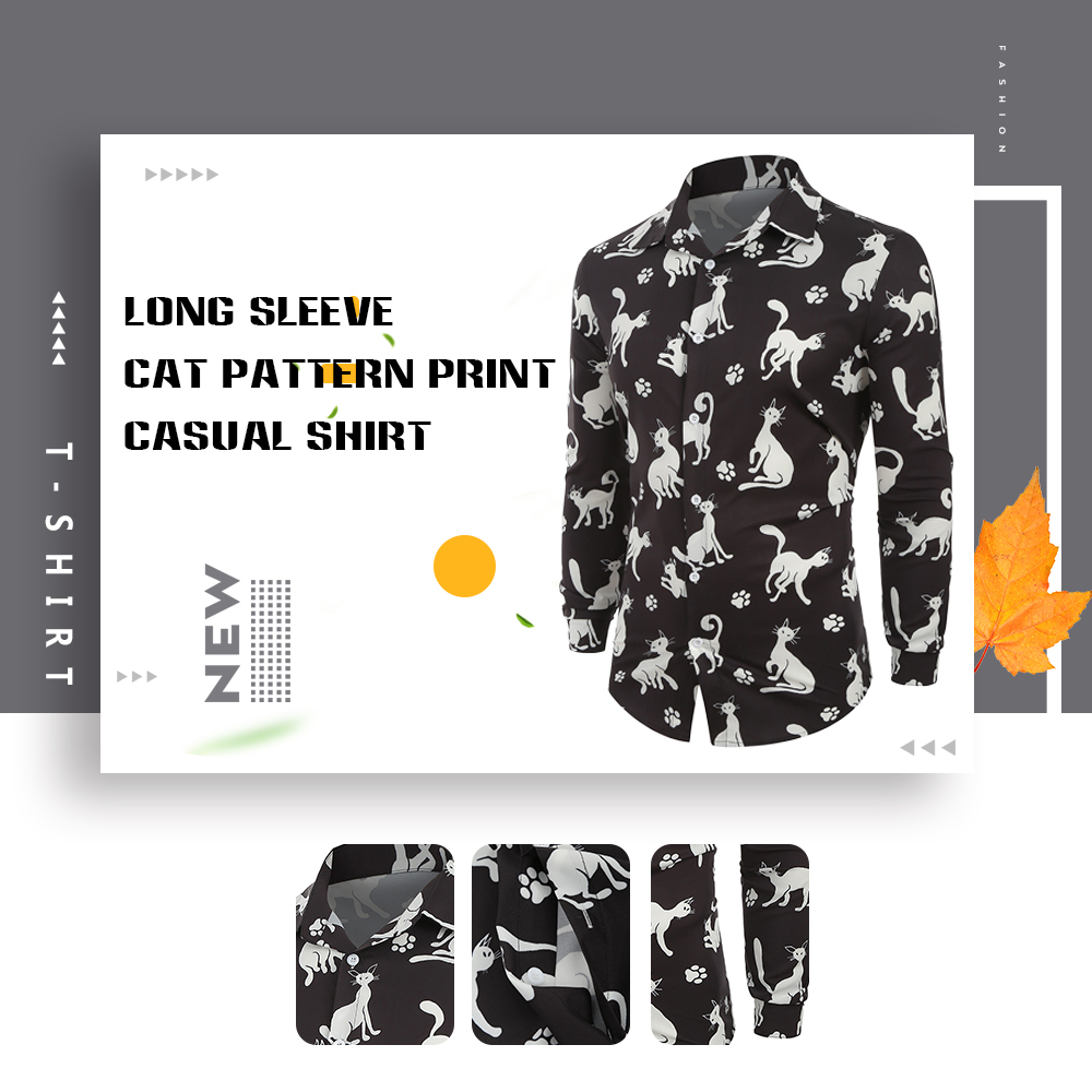 Long Sleeves Cat Pattern Print Casual Shirt