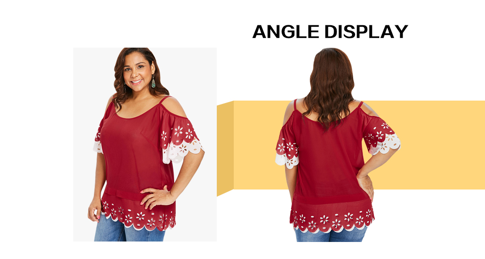 Plus Size Open Shoulder Two Tone Blouse