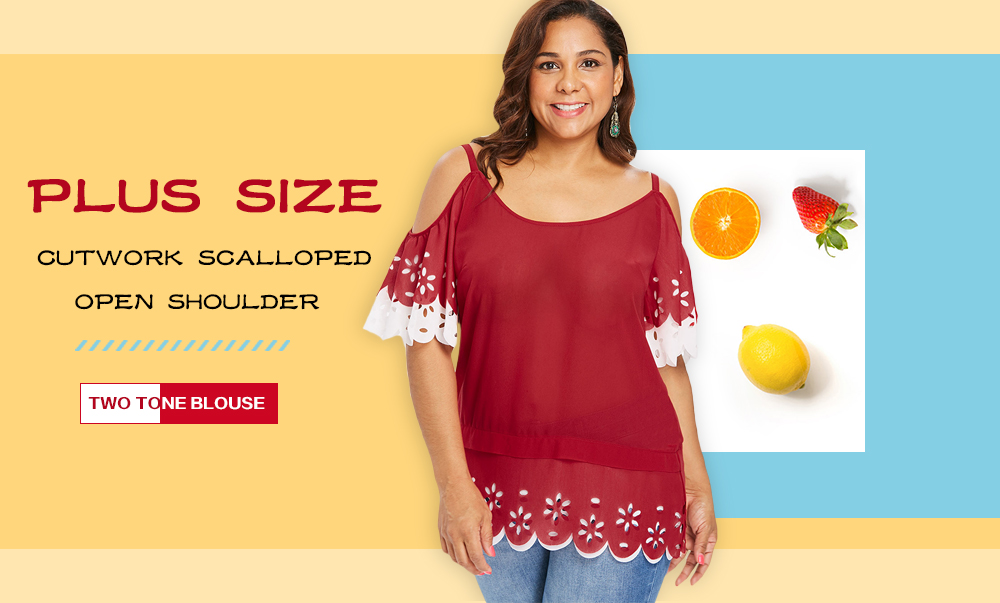 Plus Size Open Shoulder Two Tone Blouse