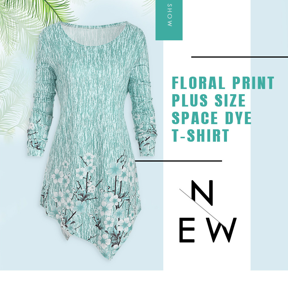 Plus Size Floral Print Space Dye T-shirt