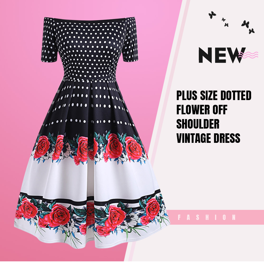 Plus Size Polka Dot Floral Off Shoulder Sheath Dress