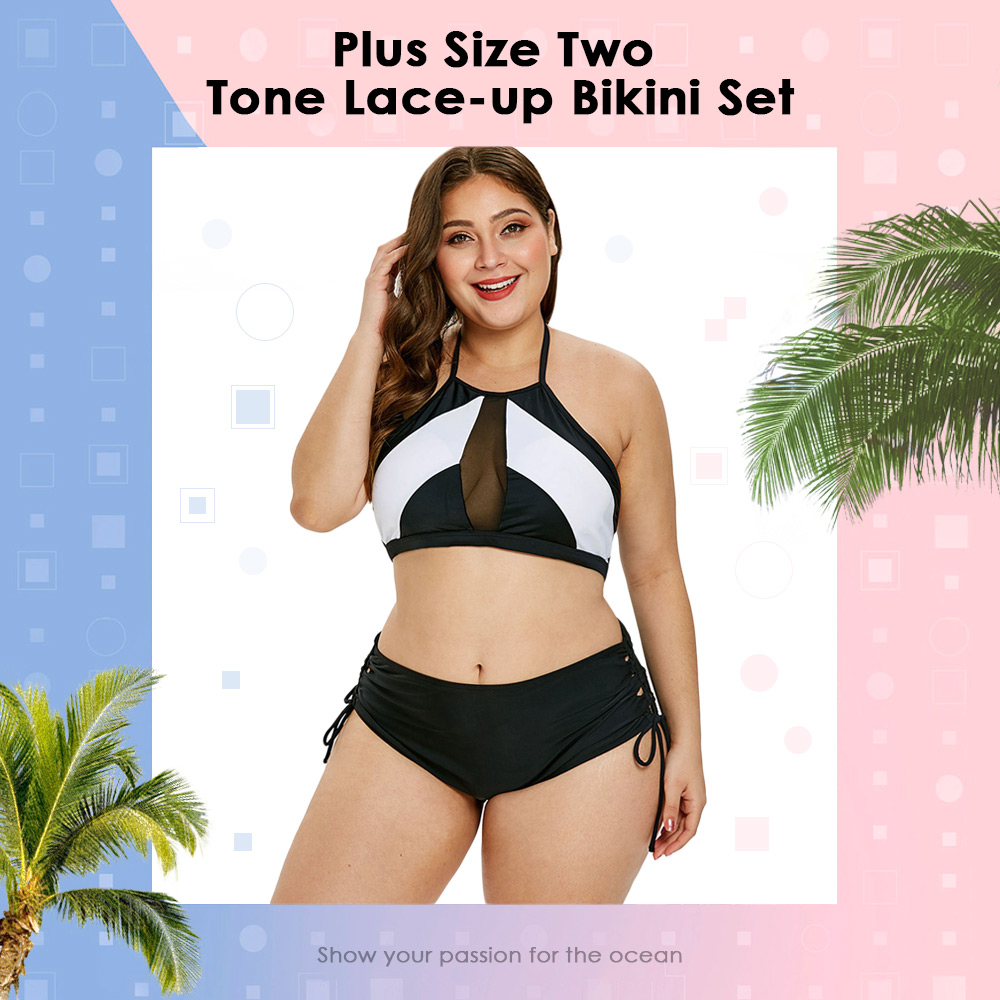 Plus Size Two Tone Lace-up Bikini Set