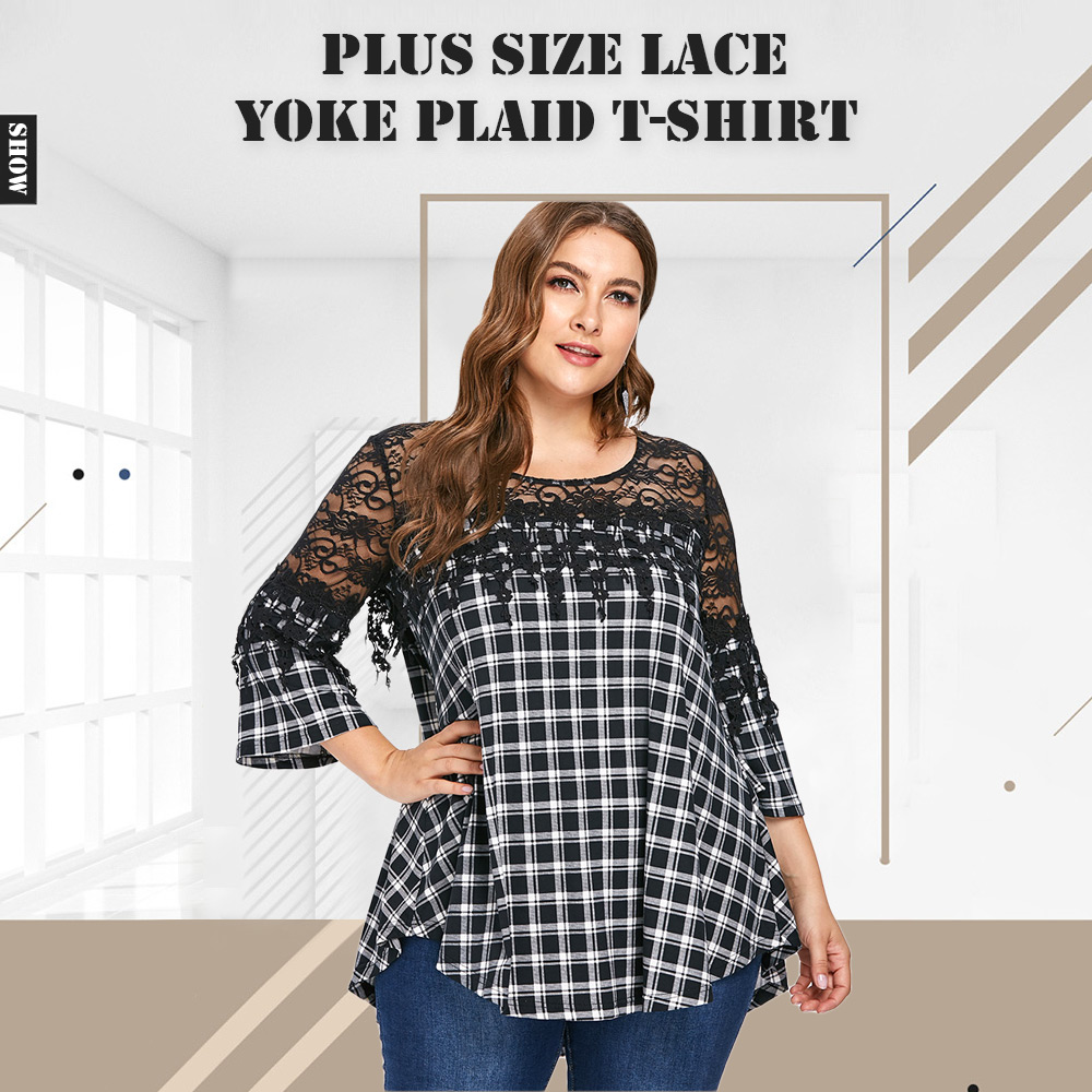 Plus Size Lace Yoke Plaid T-shirt