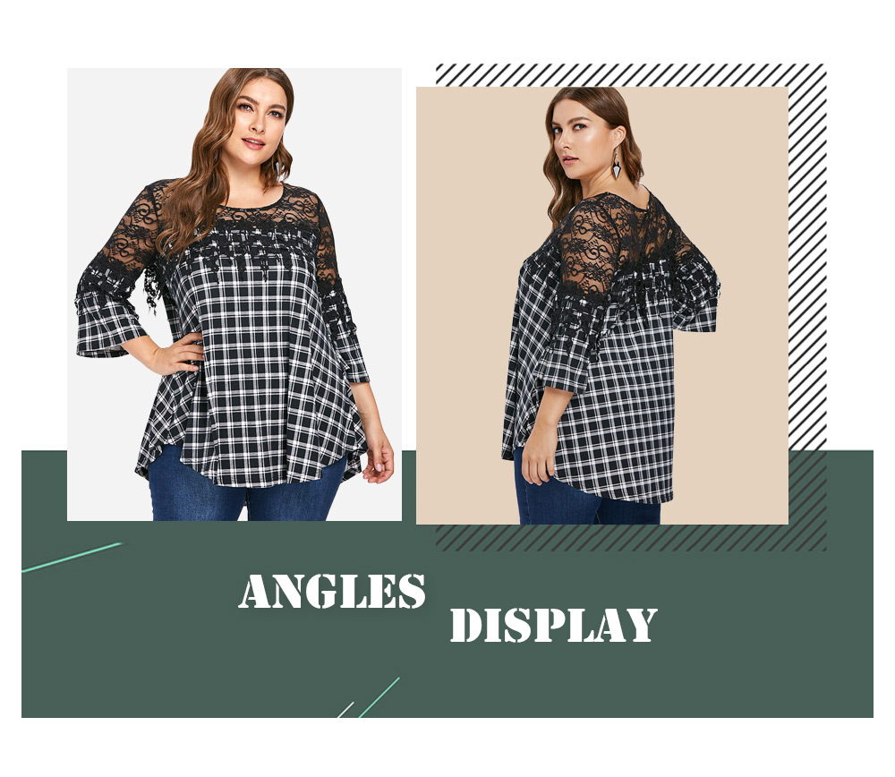 Plus Size Lace Yoke Plaid T-shirt