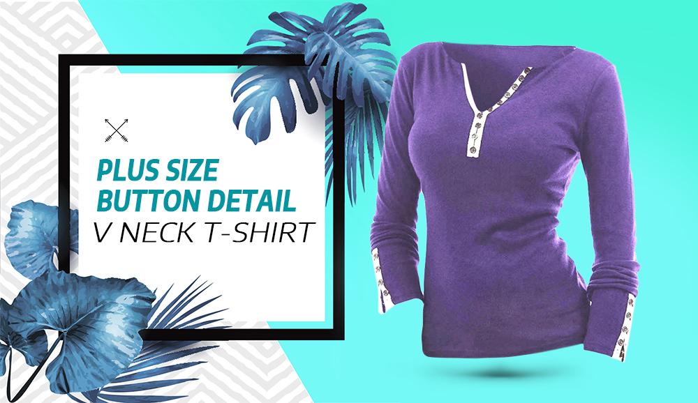 Plus Size Button Detail V Neck T-shirt