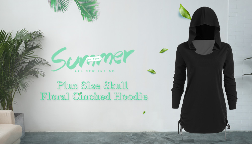 Plus Size Skull Floral Cinched Hoodie