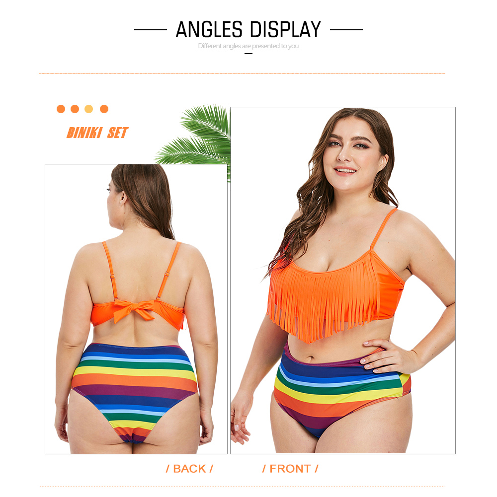 Plus Size Striped Fringed Cami Biniki Set