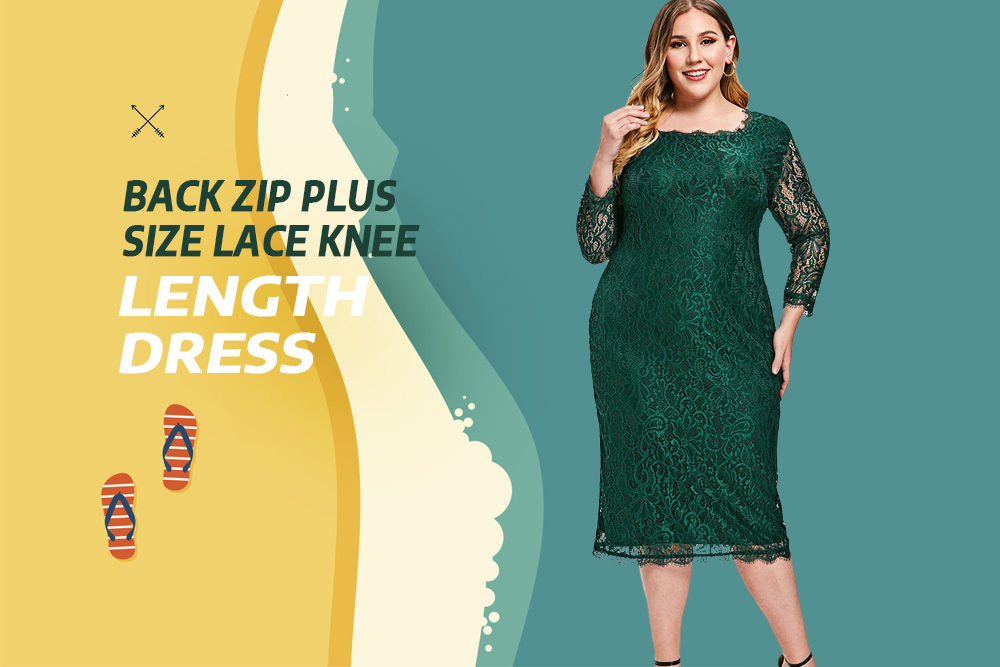 Plus Size Back Zip Lace Knee Length Dress