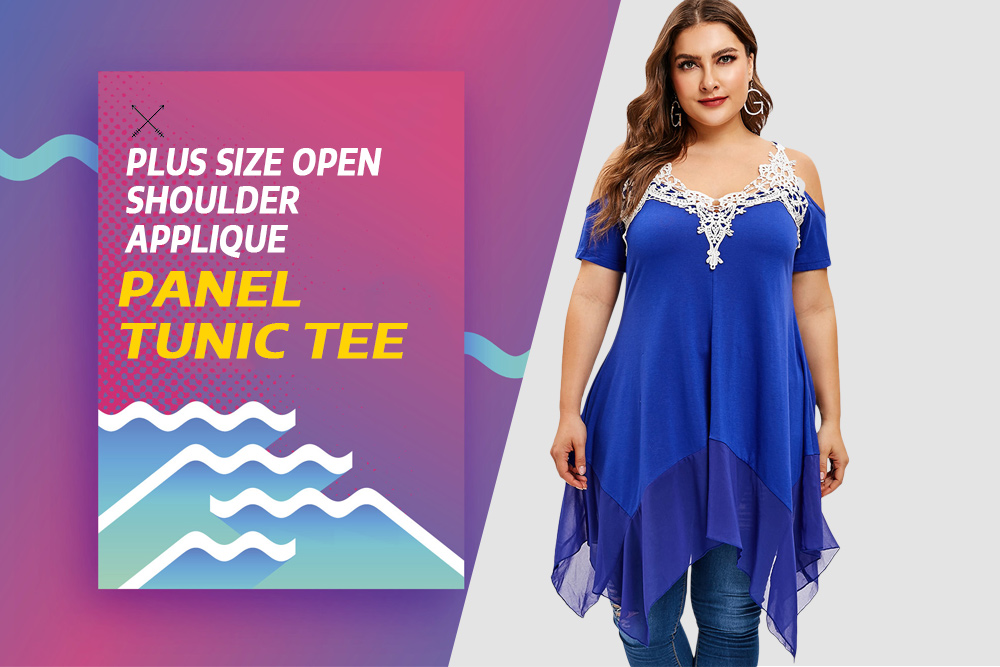 Plus Size Open Shoulder Applique Panel Tunic Tee