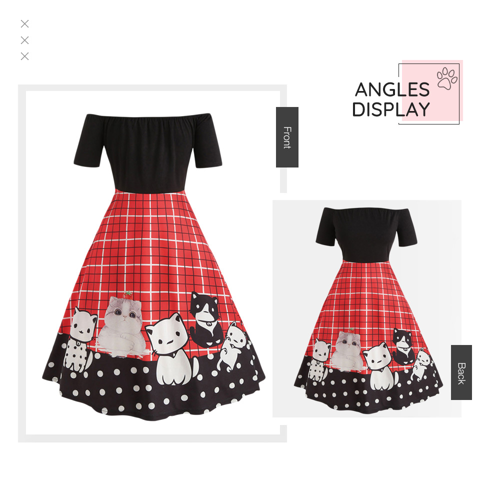 Off The Shoulder Plus Size Cat Pattern Vintage Dress