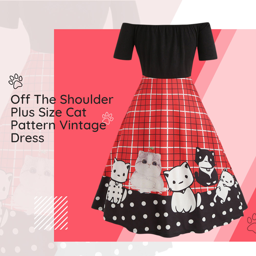 Off The Shoulder Plus Size Cat Pattern Vintage Dress