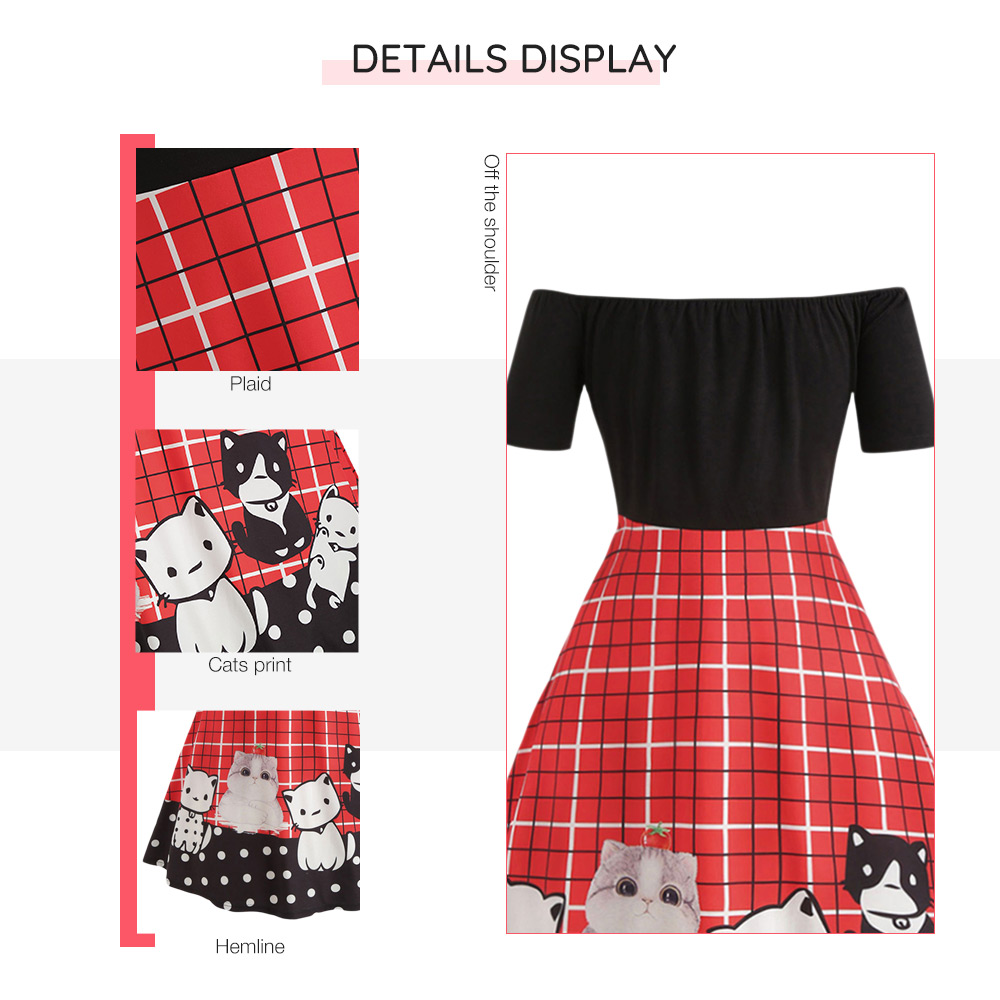 Off The Shoulder Plus Size Cat Pattern Vintage Dress