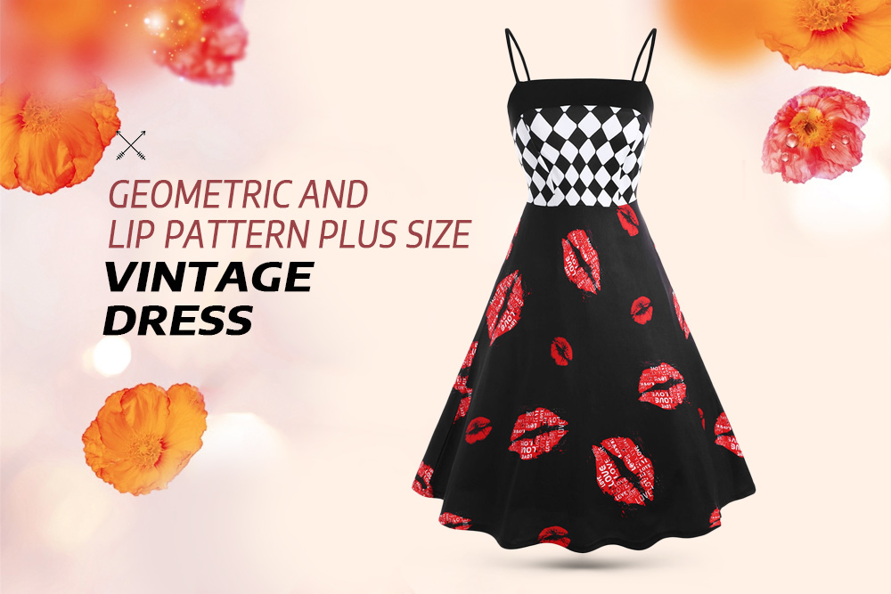 Plus Size Lip Pattern Slip Vintage Dress