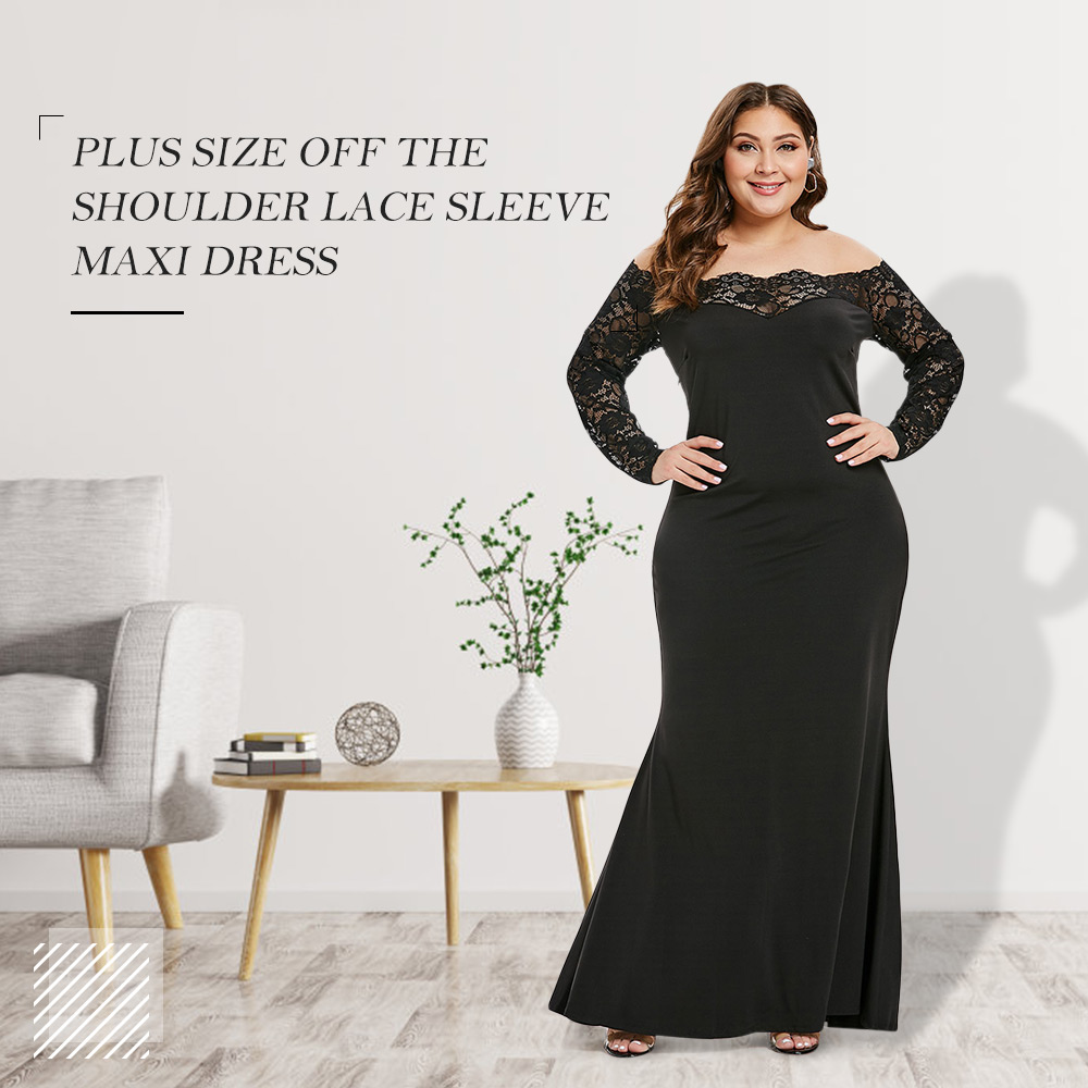 Plus Size Off The Shoulder Lace Sleeve Maxi Dress