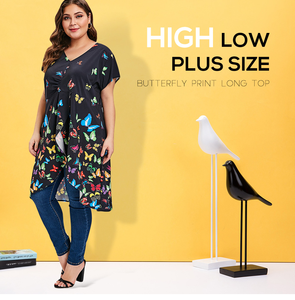 Plus Size Asymmetric Butterfly Print Top