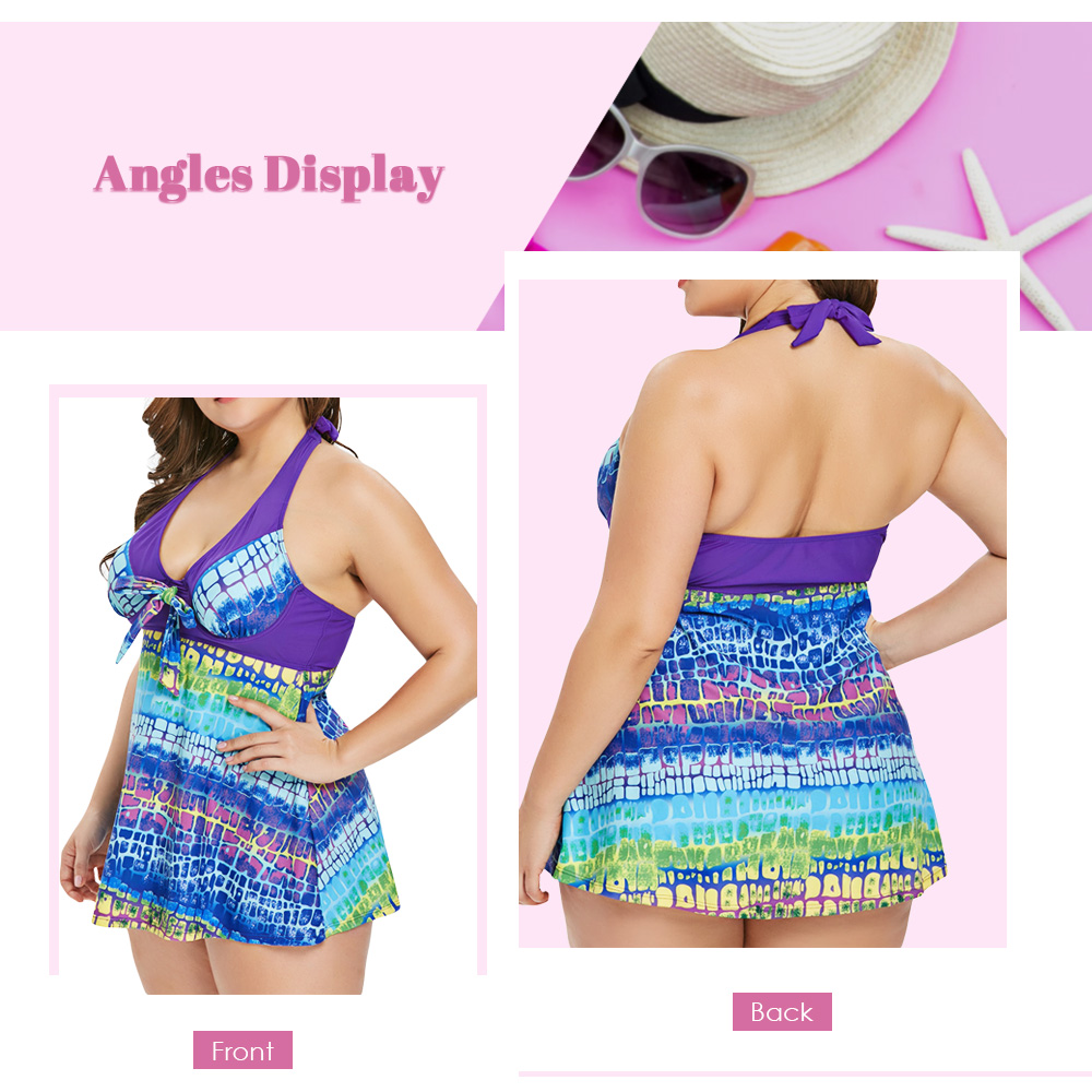 Plus Size Halter Neck Underwire Printed Tankini Set