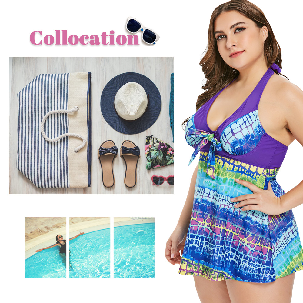 Plus Size Halter Neck Underwire Printed Tankini Set