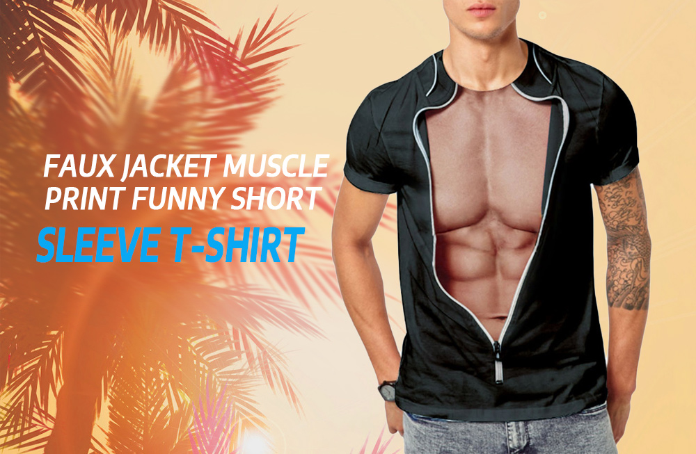Faux Jacket Muscle Print Funny Short Sleeve T-shirt