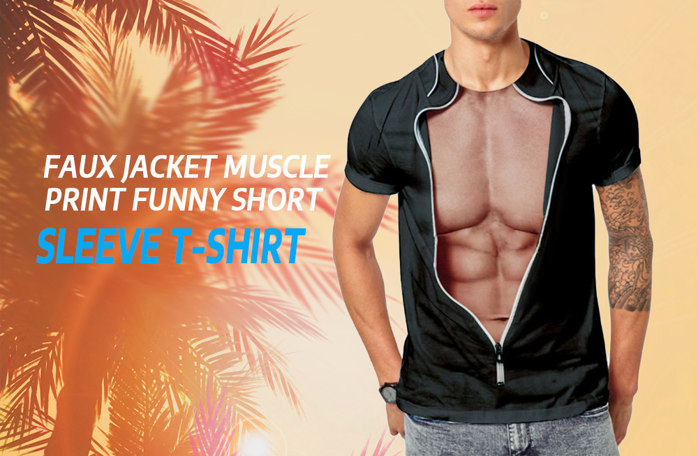 Faux Jacket Muscle Print Funny Short Sleeve T-shirt